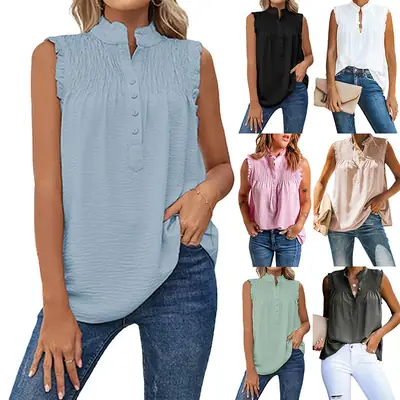 Sleeveless Ruffled Button Vest Blue Women