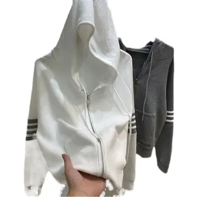 Women's Navy Blue Waffle Knit Cardigan Hooded Coat