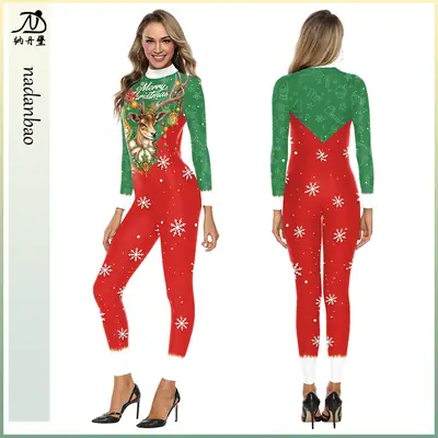 2024 Christmas Printed Jumpsuit Women Red Green Long Sleeve