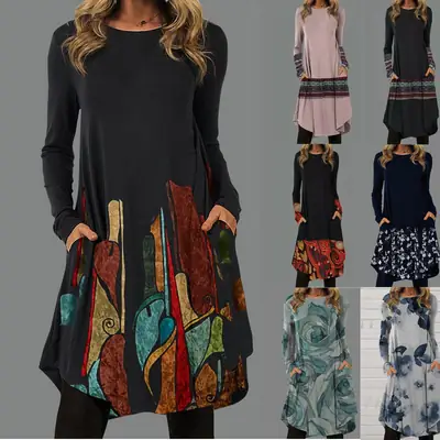 Women Floral Skirt Tunic Set Navy Blue Spring Autumn