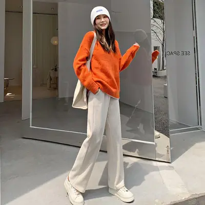 Women Fleece Lined Wide Leg Trousers 2021 Winter