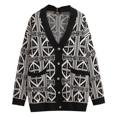 Plus Size Black White Geometric Knitted Sweater
