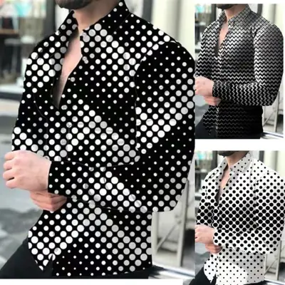 Men 3D Printed Gold Black Lapel Shirt Long Sleeve
