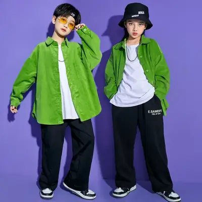Boys Girls Hip Hop Street Dance Suit Green White Corduroy