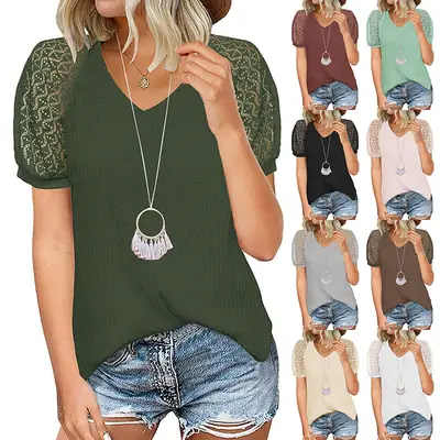 Women's V-neck T-shirt Short Sleeve Green 2022