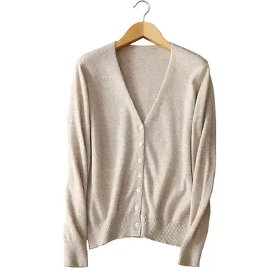 Women's V Neck Knit Wool Cardigan Tan Long Sleeve
