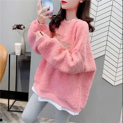 Women Faux Fur Embroidered Sweatshirt Winter Fleece Lined