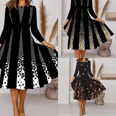 Black Printed Round Neck Seven Sleeve Dress for Women
