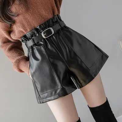 Free Belt Plus Suede Leather Shorts Women A-Line High Waist
