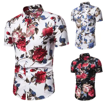Men's Floral Lapel Shirt Black Rose Print Short Sleeve