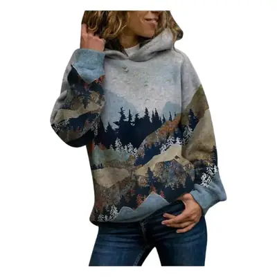 Printed Mountain Hoodie Crew Neck Long Sleeve