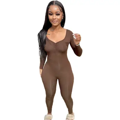 Pink V-Neck Pleated Long Sleeve One-Piece Pants Set