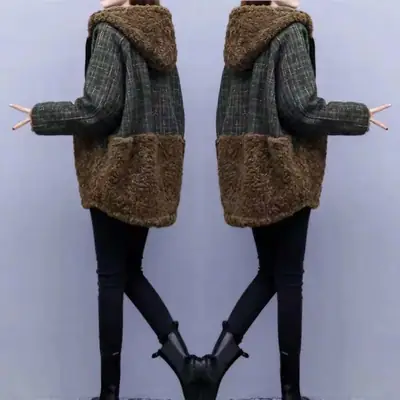 Lamb Wool Patchwork Hooded Coat for Women 2025 Winter