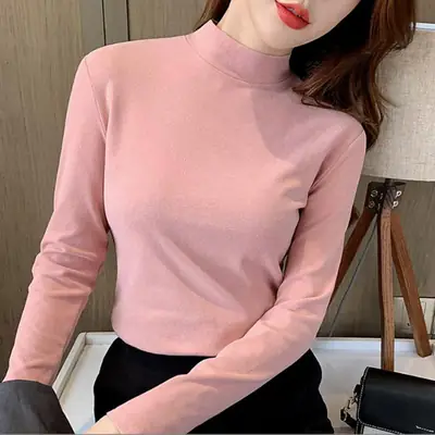 Women Velvet Semi-High Collar Top Yellow Long Sleeve