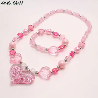 New Pink Love Pendant Children's Necklace Set Acrylic Beads