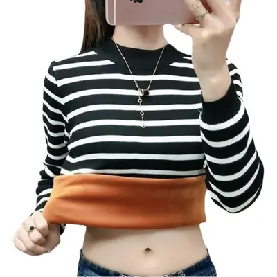 Fleece Lined Warm Shirt for Women Striped Long Sleeve