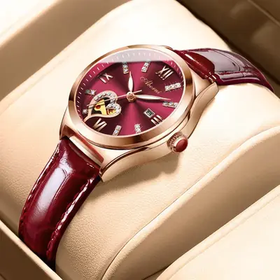 Women's Red Leather Hollow Watch Quartz with Date Display