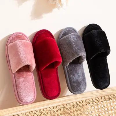 Cross-border autumn and winter home warm one-word Mao Mao open slippers women's Korean-style indoor home slip-resistant cotton slippers