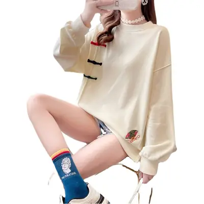 Women Korean Style Loose Sweater Cream Large Lazy Embroidered