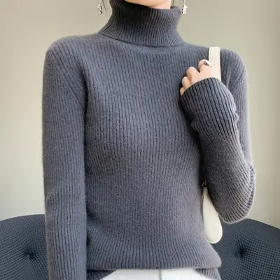 Women's New High Neck Knitted Sweater Grey Solid Color
