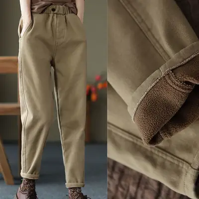 Women's Thick Velvet Hallen Pants Solid Beige