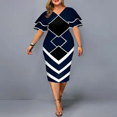 Flying Sleeves Plus Size Geometric Print Dress Black Yellow White