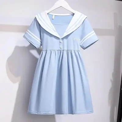 Girls Navy Watercolor Collar Dress Summer New Korean Style Skirt Big Children's Dress Girls Internet Celebrity Princess Dress