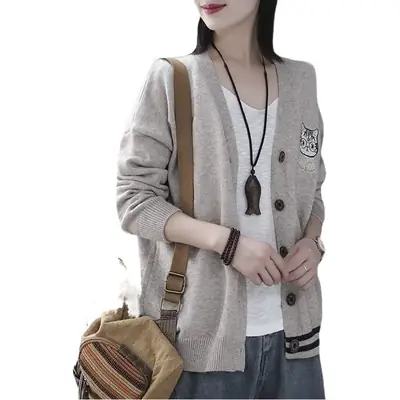 Women's Knitted Cardigan with Kitten Embroidery V Neck