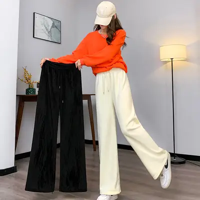 Women Fleece Lined Wide Leg Pants Black White