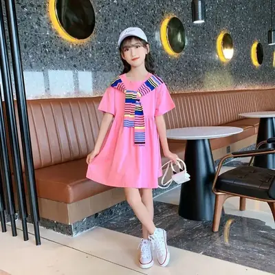 Girls Pink Cotton Summer Dress Loose Slim Beach Skirt