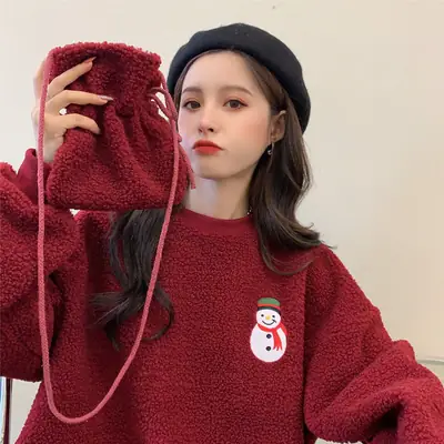 Women Velvet Red Winter Sweatshirt with Snowman Patch