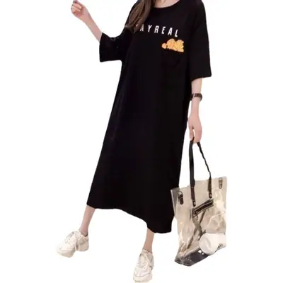 Green Loose Knee Length T-Shirt Dress for Girls