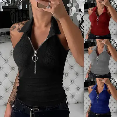 Blue Zipper Vest Women's 2024 Spring Summer