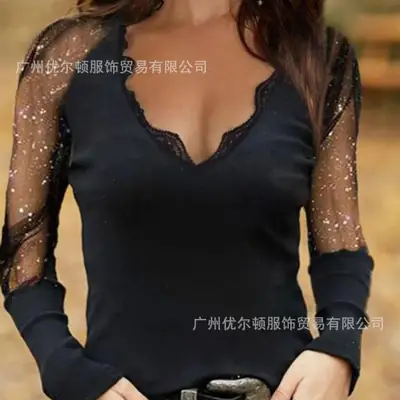 2022 V-Neck Long Sleeve Black T-Shirt for Women
