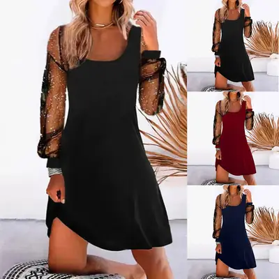 Women Cross Body Dress Pure Color Mesh Spliced Spring Summer