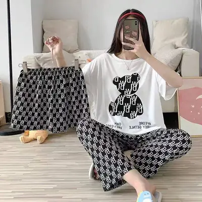 Women's Printed Pajama Set White Black Houndstooth