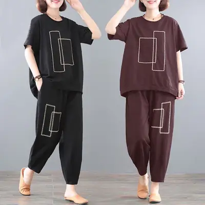 Women Loose Slim Fit Casual Two-Piece Set Large Brown