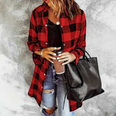 2021 Plaid Flannel Shirt Jacket Brown Black Casual Wear