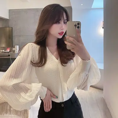 White V-Neck Long Sleeve Chiffon Cardigan Top