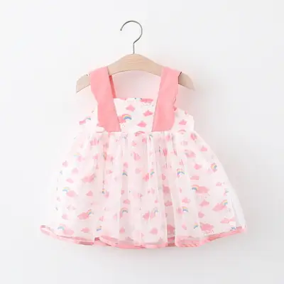 Girls Dress Pink Heart Print Mesh Strap Baby Princess