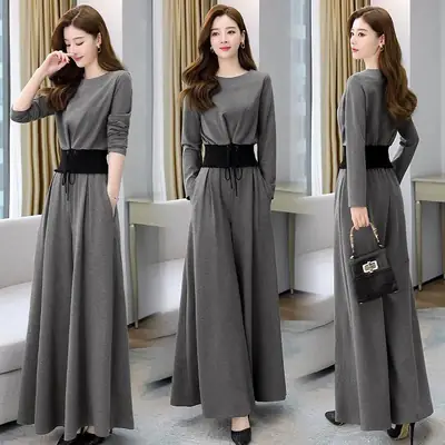 European Women's 2-Piece Grey Wide Leg Pants Suit