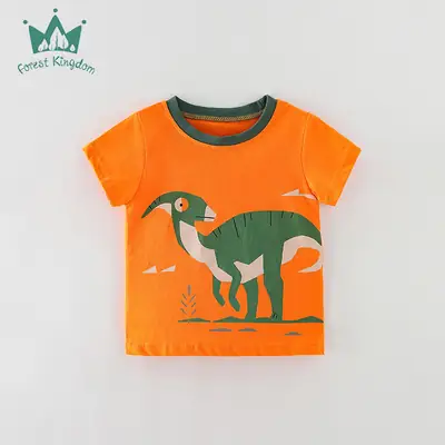 Orange Dinosaur Graphic Boys T-Shirt Short Sleeve Cotton