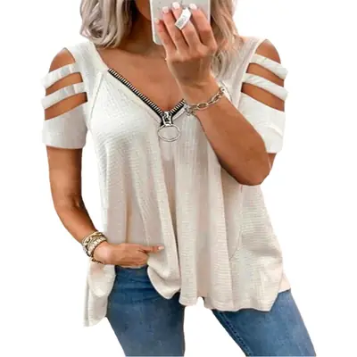 Women Off-Shoulder V-Neck Zipper T-Shirt Top White