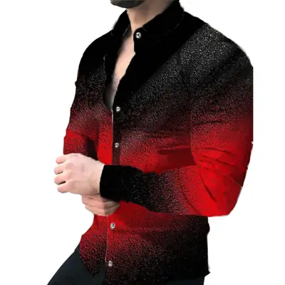 Men Printed Long Sleeve Shirt Navy White Gold Design Large
