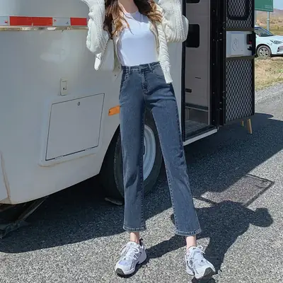 Women Stretch Jeans High Waist Cropped Straight Pants Smoke Tube