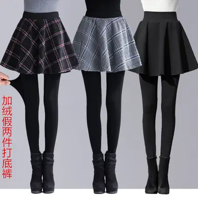 Fake Plaid Fleece Leggings Women Slim Fit Black
