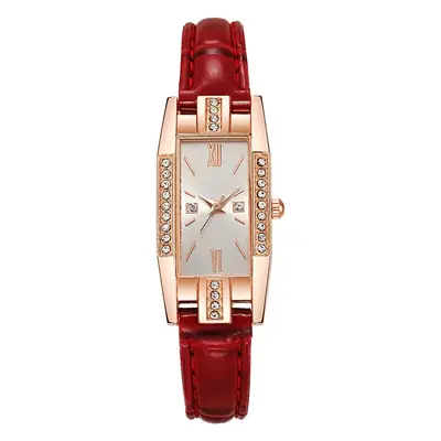 Women's Red Leather Strap Square Watch with Diamonds