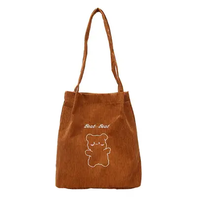 Cute Cartoon Embroidered Canvas Shoulder Bag for Women Brown