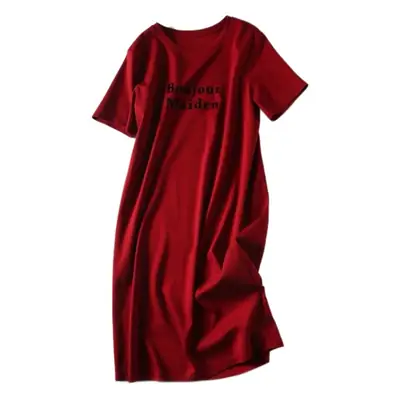 Women Printed T-shirt Dress Red Mid-Length Korean Style