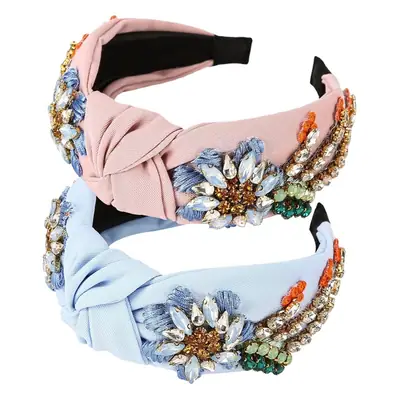 Crystal Diamond Flower Headband Light Blue Wide Brim